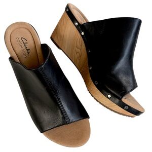 Like New Clarks Leather Annadel Molly Wedge Sandals Black Size 9.5 Wide Width